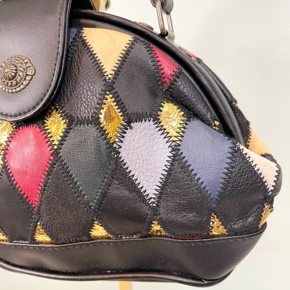 Vintage Patchwork Handbag Black Purse Art Deco Genuine Leather Mobwife Handcarry - Picture 3 of 8